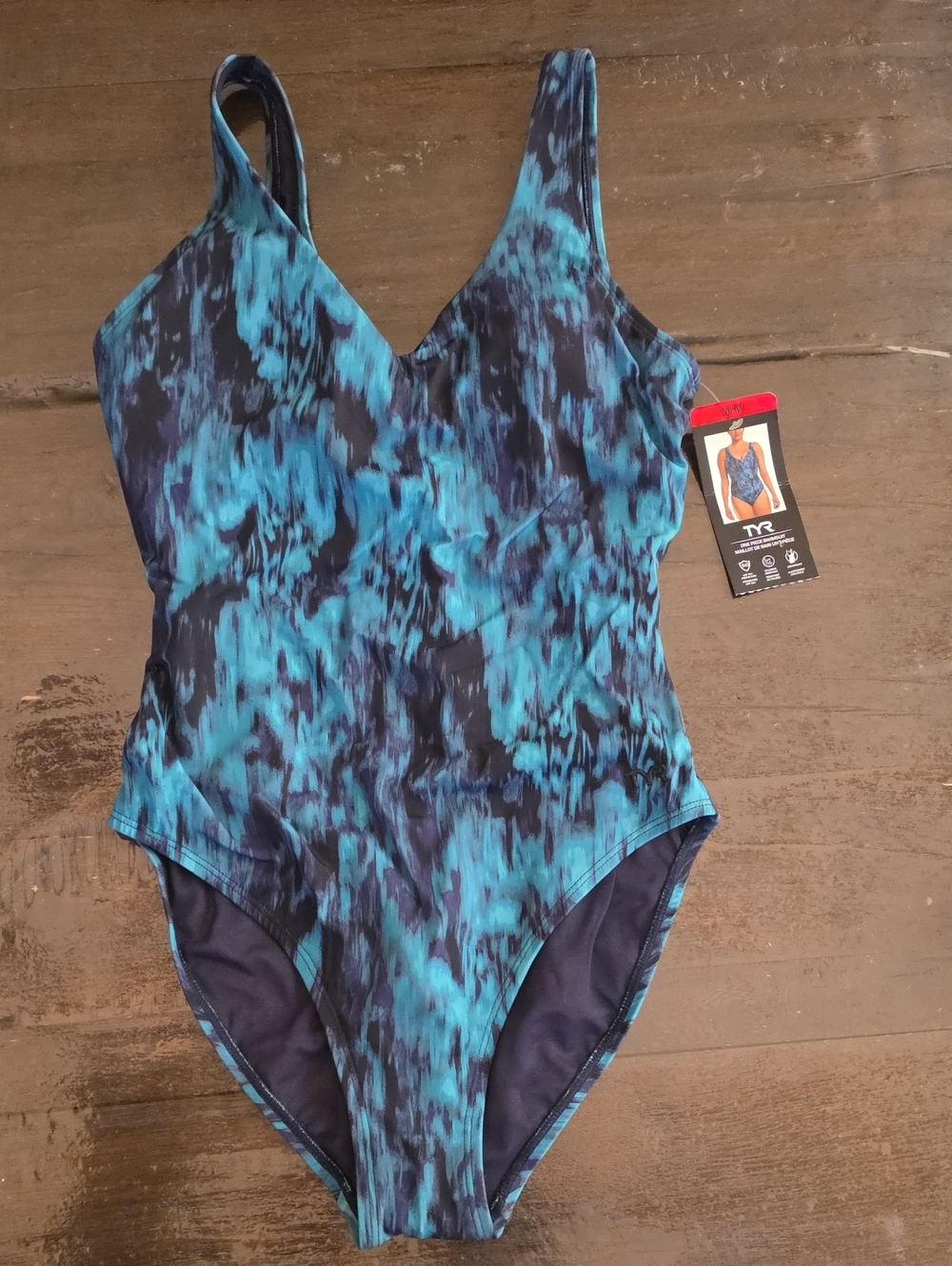 (M) TYR Blue & Teal Abstract Print One-Piece Swimsuit Vacation Summer Beach Swim